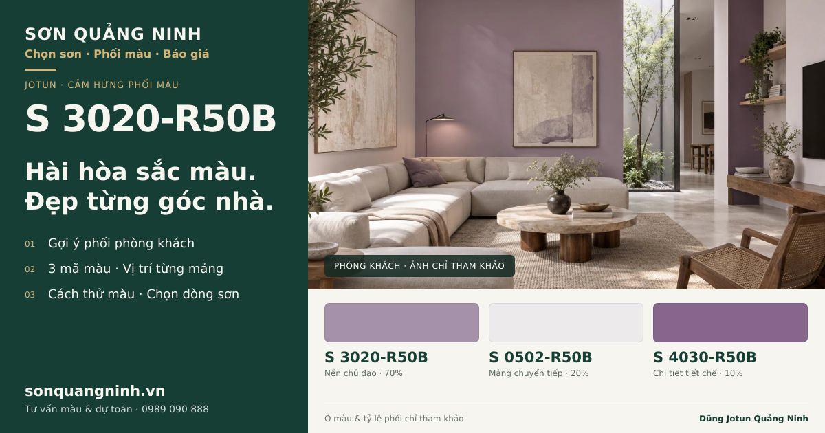 Jotun S 3020-R50B · Phòng khách · Bộ phối S 3020-R50B + S 0502-R50B + S 4030-R50B. Phối cảnh minh họa; ảnh chỉ tham khảo.