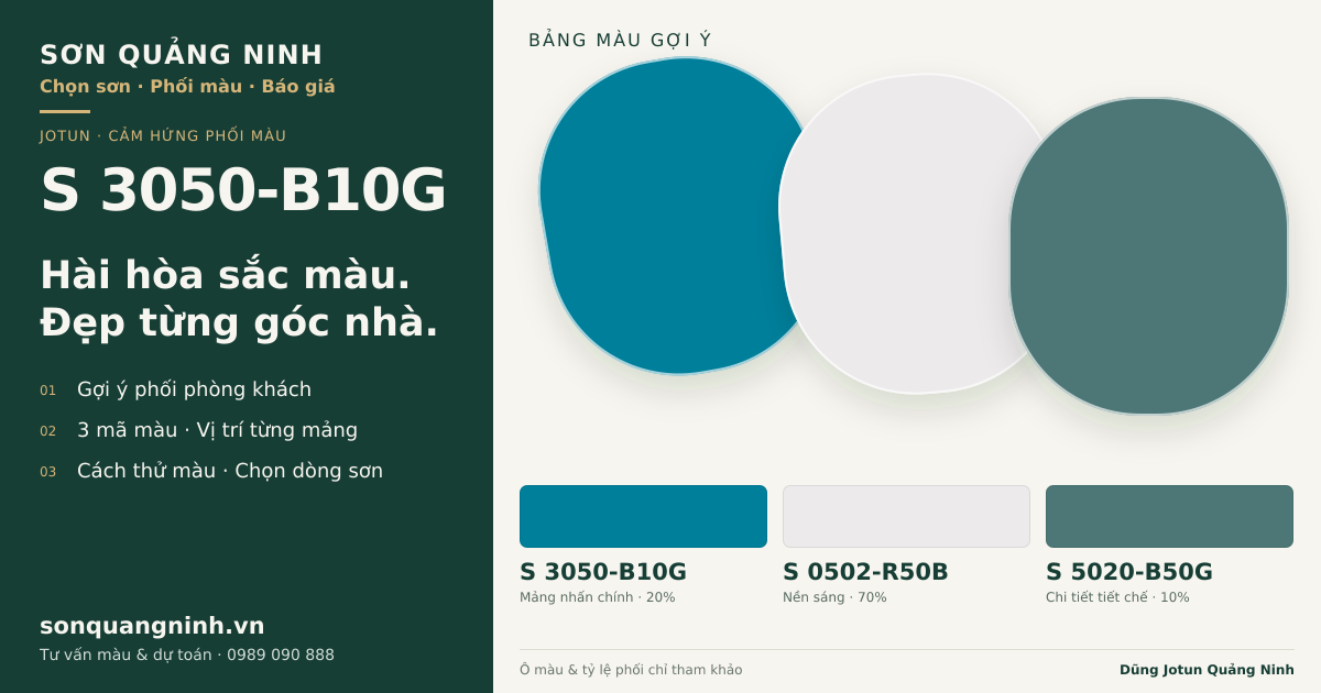 Jotun S 3050-B10G · Phòng khách · Bộ phối S 3050-B10G + S 0502-R50B + S 5020-B50G. Bảng màu gợi ý; ảnh chỉ tham khảo.