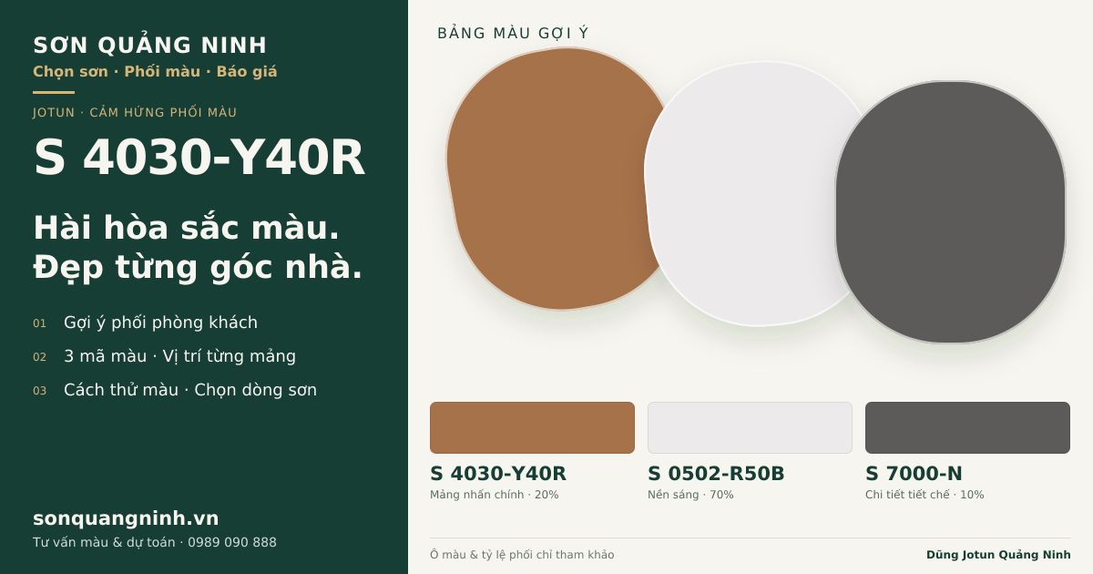 Jotun S 4030-Y40R · Phòng khách · Bộ phối S 4030-Y40R + S 0502-R50B + S 7000-N. Bảng màu gợi ý; ảnh chỉ tham khảo.