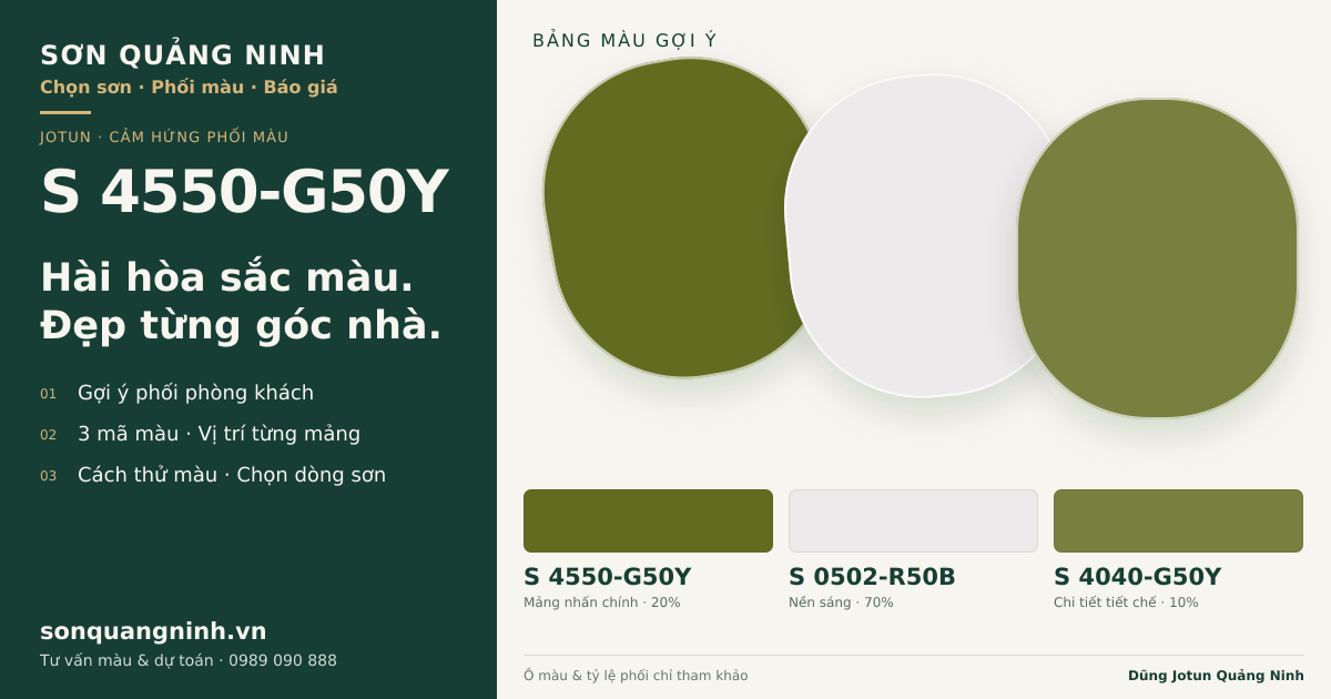 Jotun S 4550-G50Y · Phòng khách · Bộ phối S 4550-G50Y + S 0502-R50B + S 4040-G50Y. Bảng màu gợi ý; ảnh chỉ tham khảo.