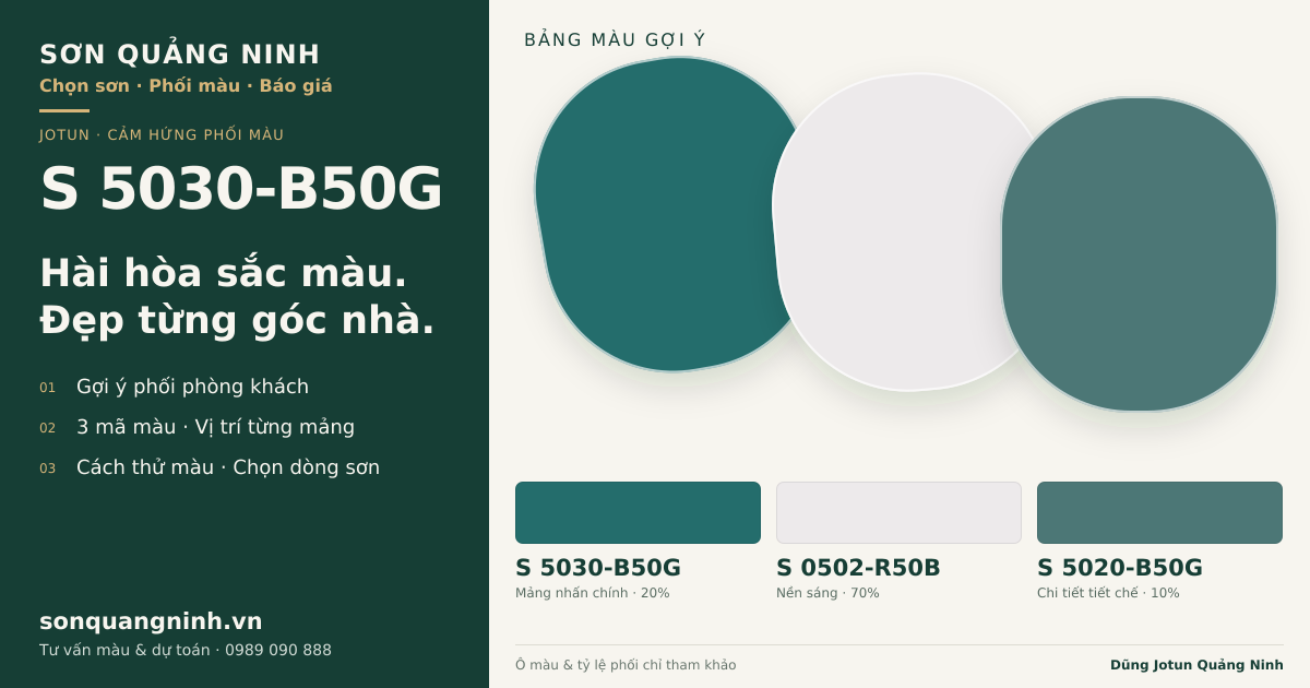 Jotun S 5030-B50G · Phòng khách · Bộ phối S 5030-B50G + S 0502-R50B + S 5020-B50G. Bảng màu gợi ý; ảnh chỉ tham khảo.