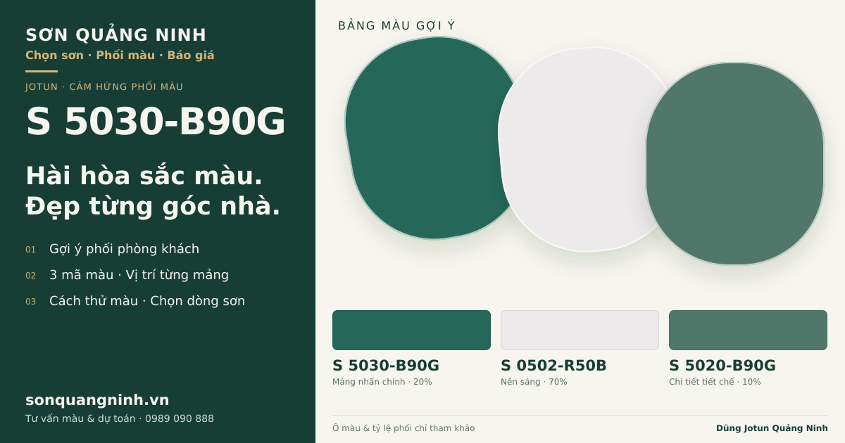 Jotun S 5030-B90G · Phòng khách · Bộ phối S 5030-B90G + S 0502-R50B + S 5020-B90G. Bảng màu gợi ý; ảnh chỉ tham khảo.