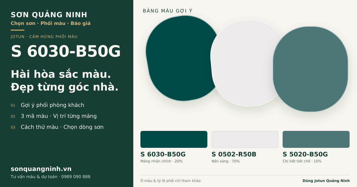 Jotun S 6030-B50G · Phòng khách · Bộ phối S 6030-B50G + S 0502-R50B + S 5020-B50G. Bảng màu gợi ý; ảnh chỉ tham khảo.