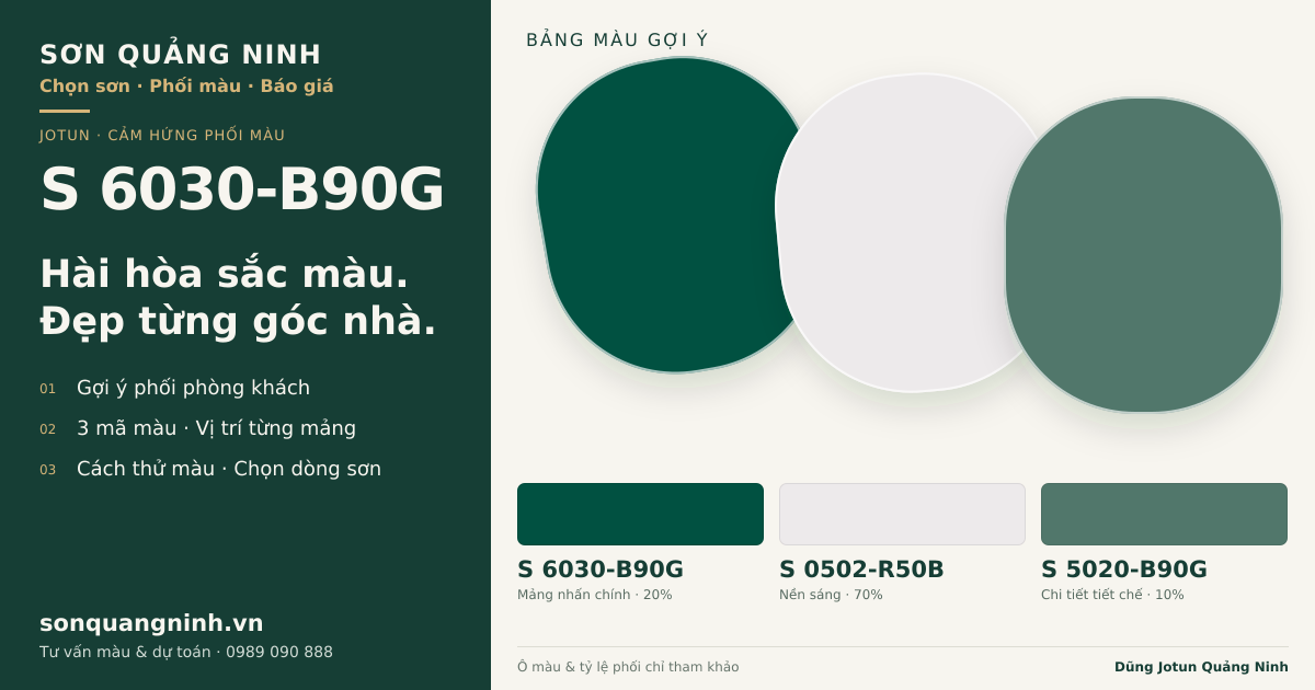 Jotun S 6030-B90G · Phòng khách · Bộ phối S 6030-B90G + S 0502-R50B + S 5020-B90G. Bảng màu gợi ý; ảnh chỉ tham khảo.