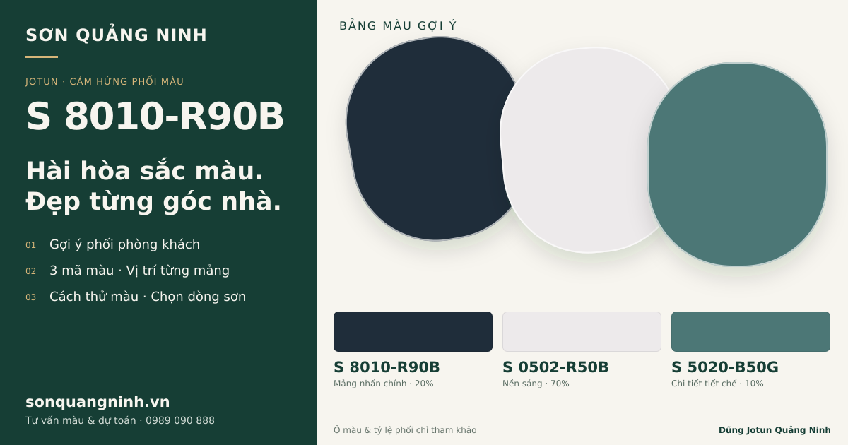 Jotun S 8010-R90B · Phòng khách · Bộ phối S 8010-R90B + S 0502-R50B + S 5020-B50G. Bảng màu gợi ý; ảnh chỉ tham khảo.