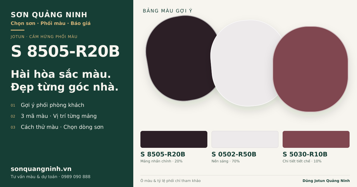 Jotun S 8505-R20B · Phòng khách · Bộ phối S 8505-R20B + S 0502-R50B + S 5030-R10B. Bảng màu gợi ý; ảnh chỉ tham khảo.