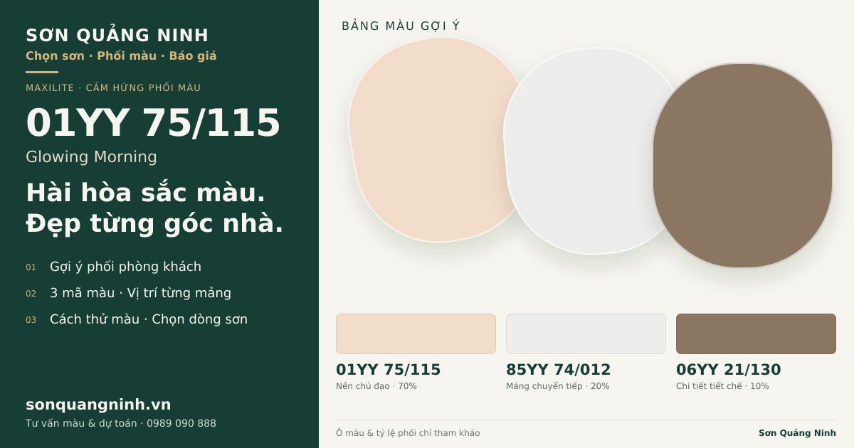 Maxilite 01YY 75/115 Glowing Morning · Phòng khách · Bộ phối 01YY 75/115 + 85YY 74/012 + 06YY 21/130. Bảng màu gợi ý; ảnh chỉ tham khảo.