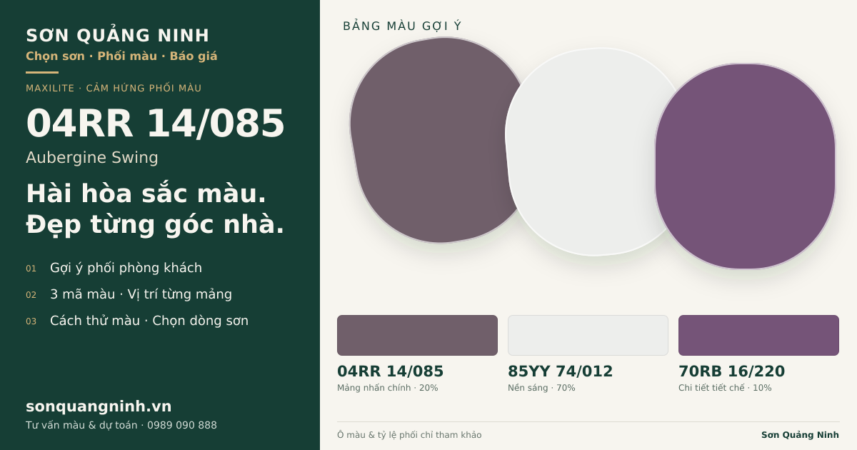 Maxilite 04RR 14/085 Aubergine Swing · Phòng khách · Bộ phối 04RR 14/085 + 85YY 74/012 + 70RB 16/220. Bảng màu gợi ý; ảnh chỉ tham khảo.