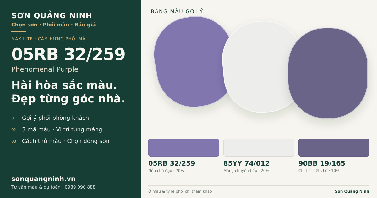 Maxilite 05RB 32/259 Phenomenal Purple · Phòng khách · Bộ phối 05RB 32/259 + 85YY 74/012 + 90BB 19/165. Bảng màu gợi ý; ảnh chỉ tham khảo.