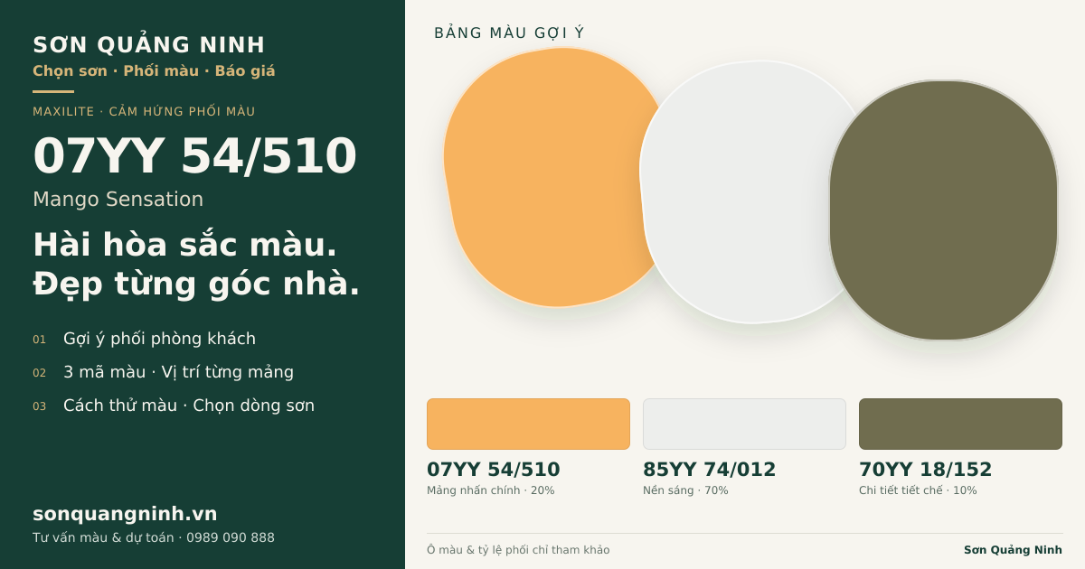Maxilite 07YY 54/510 Mango Sensation · Phòng khách · Bộ phối 07YY 54/510 + 85YY 74/012 + 70YY 18/152. Bảng màu gợi ý; ảnh chỉ tham khảo.