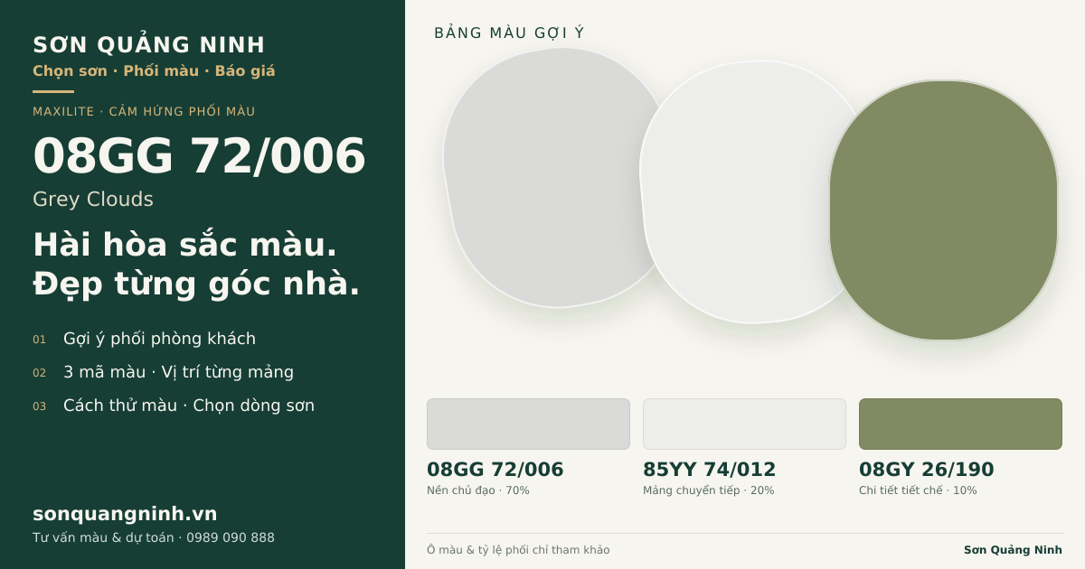 Maxilite 08GG 72/006 Grey Clouds · Phòng khách · Bộ phối 08GG 72/006 + 85YY 74/012 + 08GY 26/190. Bảng màu gợi ý; ảnh chỉ tham khảo.