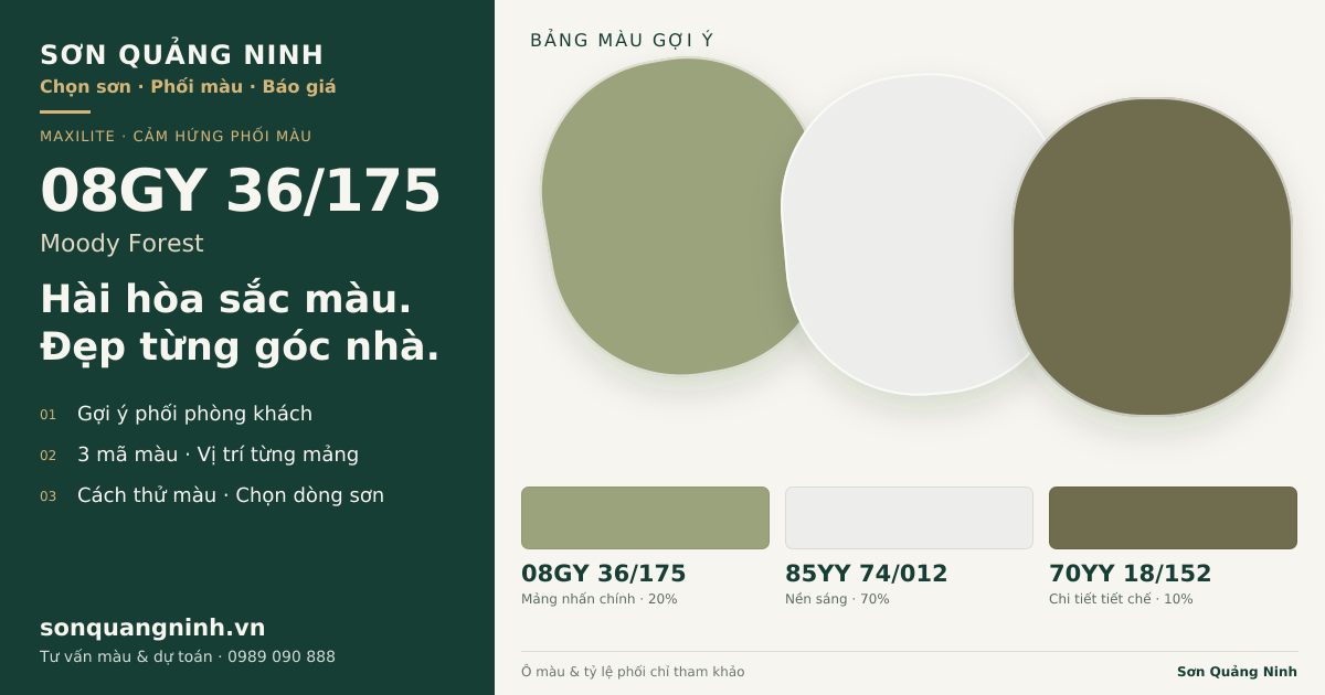 Maxilite 08GY 36/175 Moody Forest · Phòng khách · Bộ phối 08GY 36/175 + 85YY 74/012 + 70YY 18/152. Bảng màu gợi ý; ảnh chỉ tham khảo.