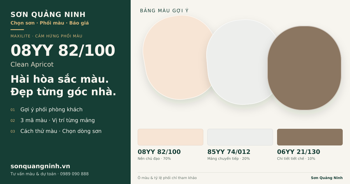 Maxilite 08YY 82/100 Clean Apricot · Phòng khách · Bộ phối 08YY 82/100 + 85YY 74/012 + 06YY 21/130. Bảng màu gợi ý; ảnh chỉ tham khảo.