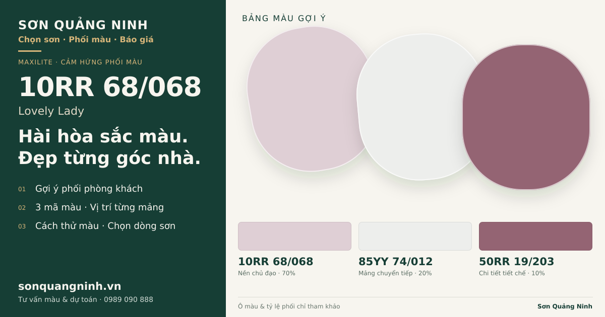 Maxilite 10RR 68/068 Lovely Lady · Phòng khách · Bộ phối 10RR 68/068 + 85YY 74/012 + 50RR 19/203. Bảng màu gợi ý; ảnh chỉ tham khảo.
