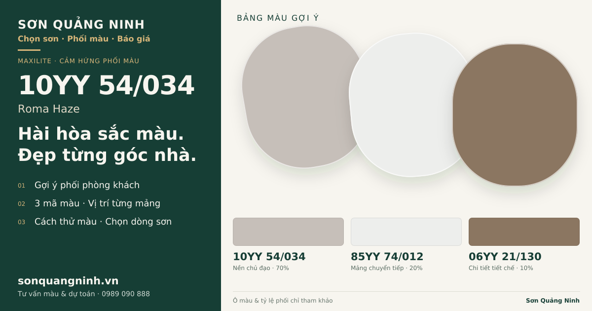 Maxilite 10YY 54/034 Roma Haze · Phòng khách · Bộ phối 10YY 54/034 + 85YY 74/012 + 06YY 21/130. Bảng màu gợi ý; ảnh chỉ tham khảo.