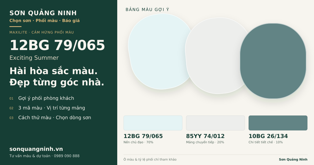 Maxilite 12BG 79/065 Exciting Summer · Phòng khách · Bộ phối 12BG 79/065 + 85YY 74/012 + 10BG 26/134. Bảng màu gợi ý; ảnh chỉ tham khảo.