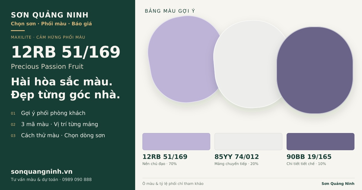 Maxilite 12RB 51/169 Precious Passion Fruit · Phòng khách · Bộ phối 12RB 51/169 + 85YY 74/012 + 90BB 19/165. Bảng màu gợi ý; ảnh chỉ tham khảo.