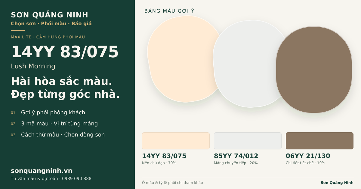 Maxilite 14YY 83/075 Lush Morning · Phòng khách · Bộ phối 14YY 83/075 + 85YY 74/012 + 06YY 21/130. Bảng màu gợi ý; ảnh chỉ tham khảo.