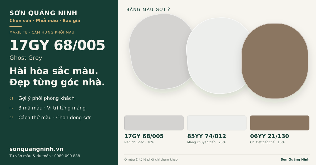 Maxilite 17GY 68/005 Ghost Grey · Phòng khách · Bộ phối 17GY 68/005 + 85YY 74/012 + 06YY 21/130. Bảng màu gợi ý; ảnh chỉ tham khảo.