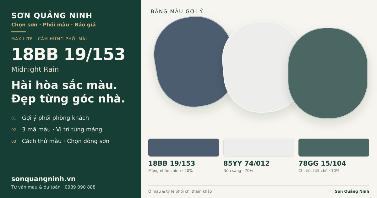 Maxilite 18BB 19/153 Midnight Rain · Phòng khách · Bộ phối 18BB 19/153 + 85YY 74/012 + 78GG 15/104. Bảng màu gợi ý; ảnh chỉ tham khảo.