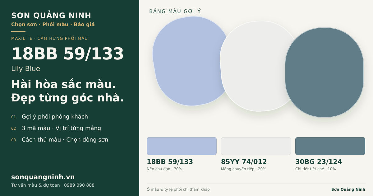 Maxilite 18BB 59/133 Lily Blue · Phòng khách · Bộ phối 18BB 59/133 + 85YY 74/012 + 30BG 23/124. Bảng màu gợi ý; ảnh chỉ tham khảo.