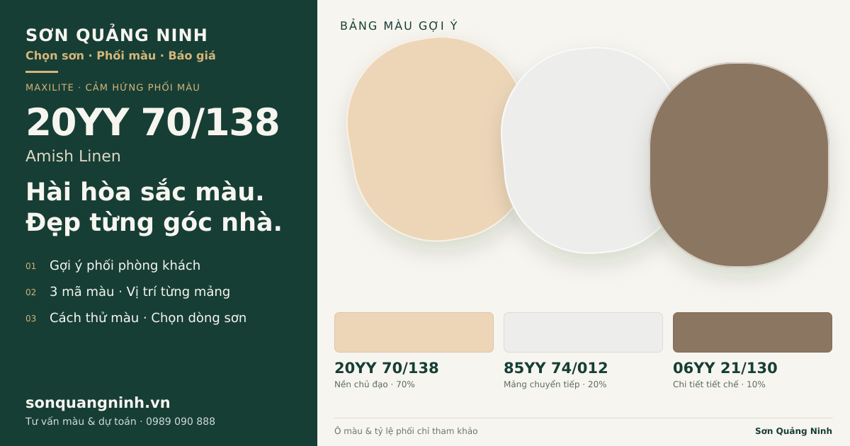 Maxilite 20YY 70/138 Amish Linen · Phòng khách · Bộ phối 20YY 70/138 + 85YY 74/012 + 06YY 21/130. Bảng màu gợi ý; ảnh chỉ tham khảo.