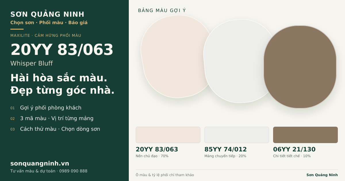 Maxilite 20YY 83/063 Whisper Bluff · Phòng khách · Bộ phối 20YY 83/063 + 85YY 74/012 + 06YY 21/130. Bảng màu gợi ý; ảnh chỉ tham khảo.
