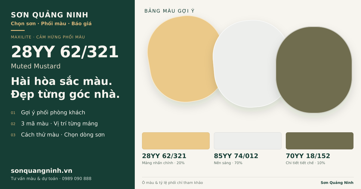Maxilite 28YY 62/321 Muted Mustard · Phòng khách · Bộ phối 28YY 62/321 + 85YY 74/012 + 70YY 18/152. Bảng màu gợi ý; ảnh chỉ tham khảo.