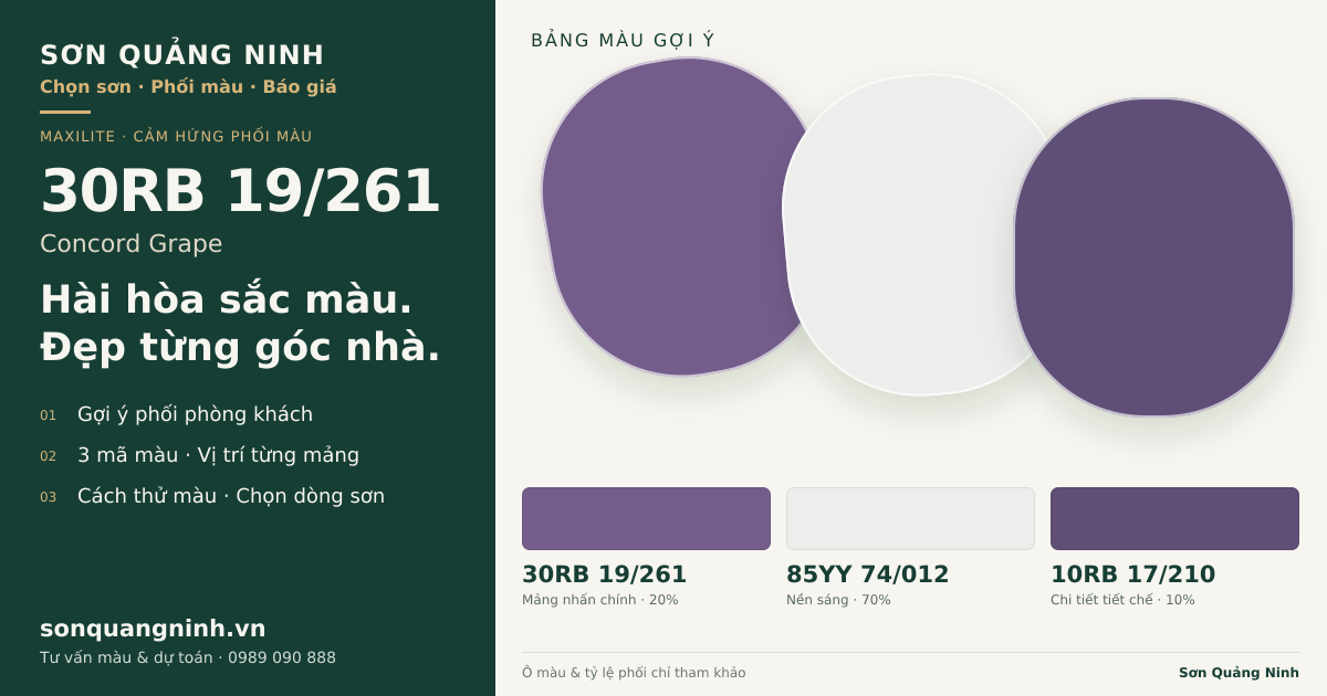 Maxilite 30RB 19/261 Concord Grape · Phòng khách · Bộ phối 30RB 19/261 + 85YY 74/012 + 10RB 17/210. Bảng màu gợi ý; ảnh chỉ tham khảo.