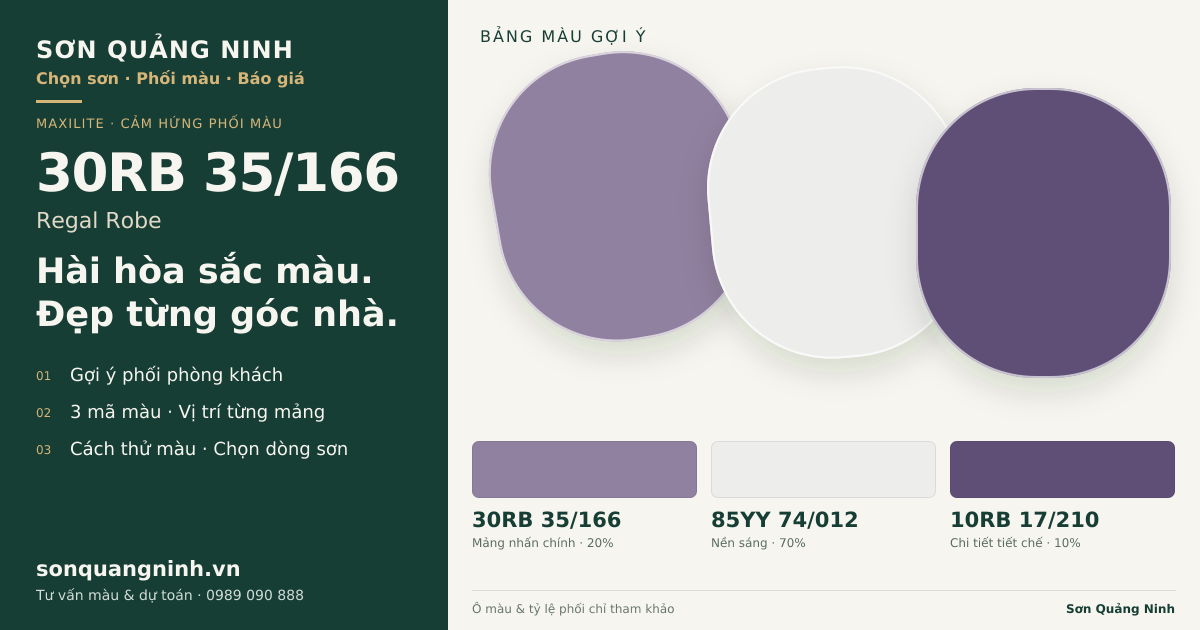 Maxilite 30RB 35/166 Regal Robe · Phòng khách · Bộ phối 30RB 35/166 + 85YY 74/012 + 10RB 17/210. Bảng màu gợi ý; ảnh chỉ tham khảo.