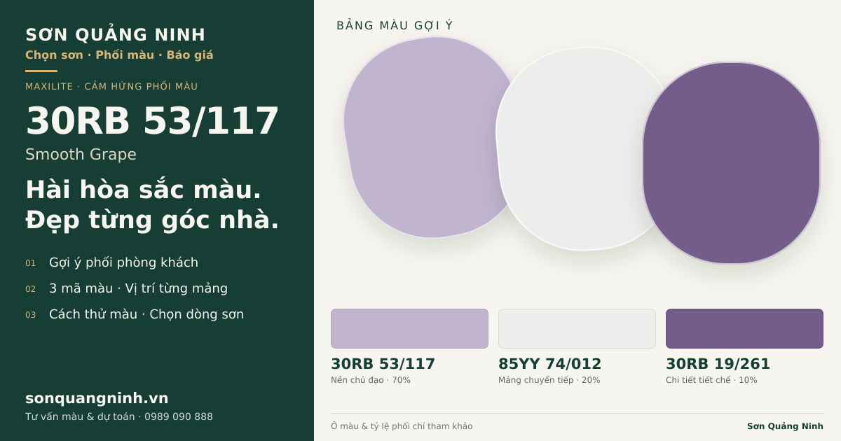 Maxilite 30RB 53/117 Smooth Grape · Phòng khách · Bộ phối 30RB 53/117 + 85YY 74/012 + 30RB 19/261. Bảng màu gợi ý; ảnh chỉ tham khảo.