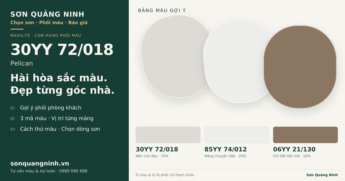 Maxilite 30YY 72/018 Pelican · Phòng khách · Bộ phối 30YY 72/018 + 85YY 74/012 + 06YY 21/130. Bảng màu gợi ý; ảnh chỉ tham khảo.
