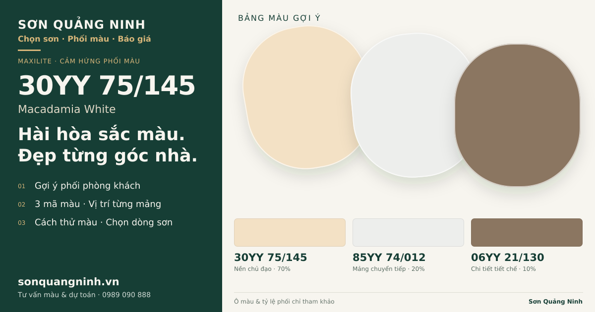 Maxilite 30YY 75/145 Macadamia White · Phòng khách · Bộ phối 30YY 75/145 + 85YY 74/012 + 06YY 21/130. Bảng màu gợi ý; ảnh chỉ tham khảo.