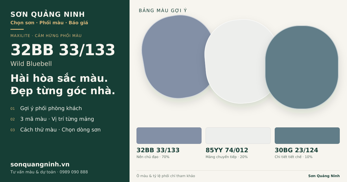Maxilite 32BB 33/133 Wild Bluebell · Phòng khách · Bộ phối 32BB 33/133 + 85YY 74/012 + 30BG 23/124. Bảng màu gợi ý; ảnh chỉ tham khảo.