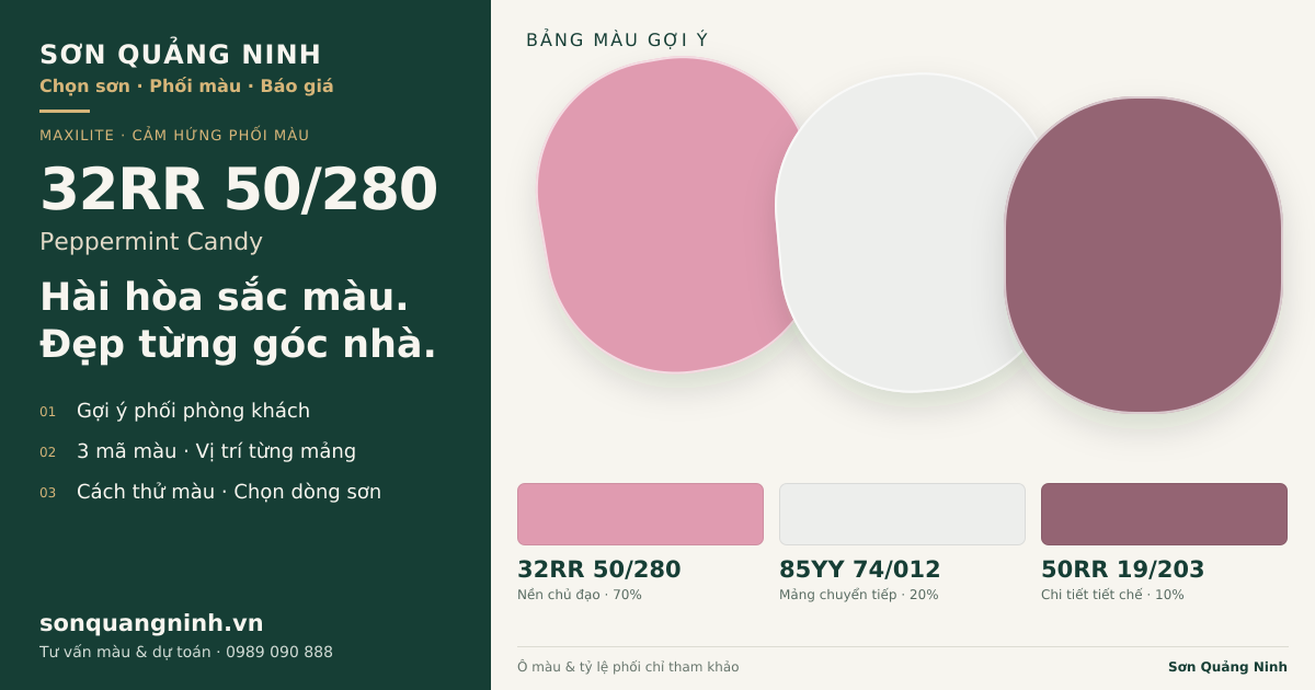 Maxilite 32RR 50/280 Peppermint Candy · Phòng khách · Bộ phối 32RR 50/280 + 85YY 74/012 + 50RR 19/203. Bảng màu gợi ý; ảnh chỉ tham khảo.