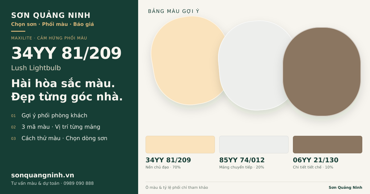 Maxilite 34YY 81/209 Lush Lightbulb · Phòng khách · Bộ phối 34YY 81/209 + 85YY 74/012 + 06YY 21/130. Bảng màu gợi ý; ảnh chỉ tham khảo.