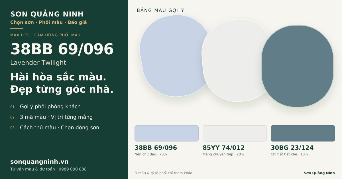 Maxilite 38BB 69/096 Lavender Twilight · Phòng khách · Bộ phối 38BB 69/096 + 85YY 74/012 + 30BG 23/124. Bảng màu gợi ý; ảnh chỉ tham khảo.