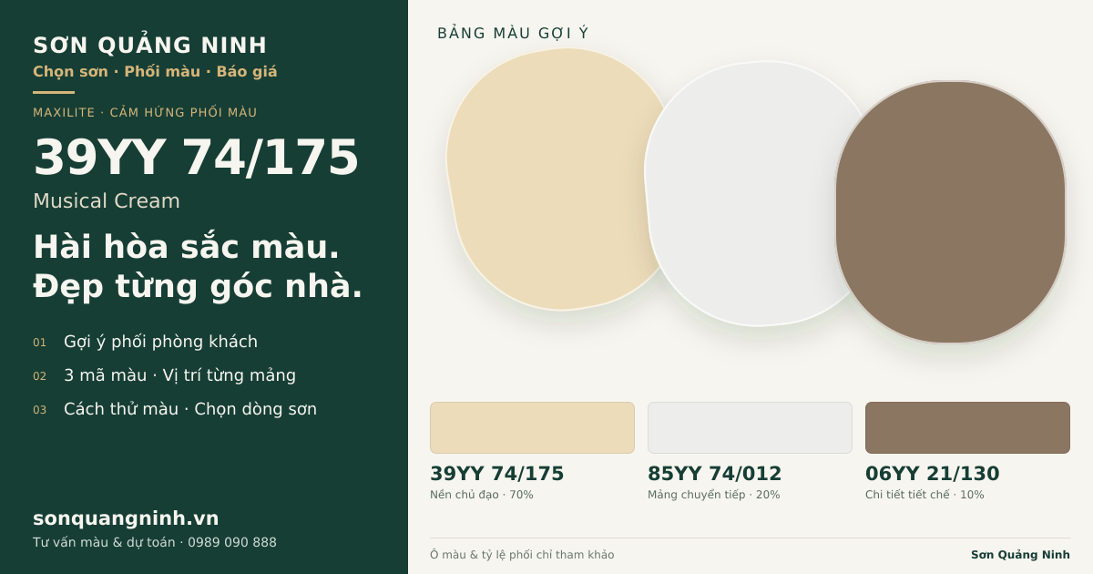 Maxilite 39YY 74/175 Musical Cream · Phòng khách · Bộ phối 39YY 74/175 + 85YY 74/012 + 06YY 21/130. Bảng màu gợi ý; ảnh chỉ tham khảo.