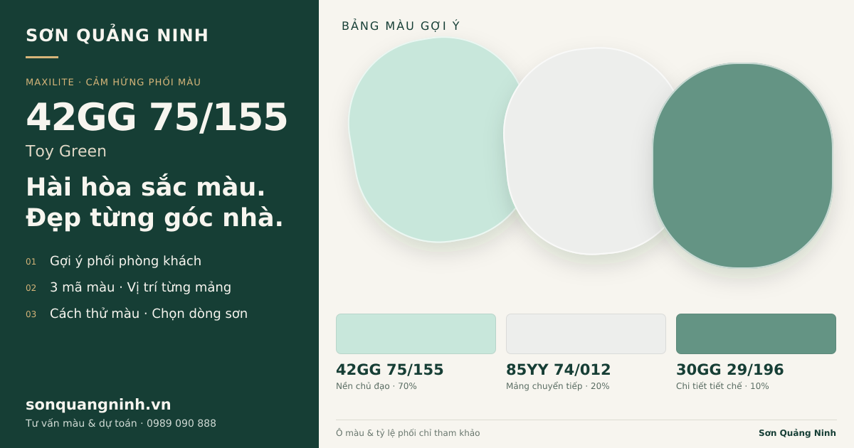 Maxilite 42GG 75/155 Toy Green · Phòng khách · Bộ phối 42GG 75/155 + 85YY 74/012 + 30GG 29/196. Bảng màu gợi ý; ảnh chỉ tham khảo.