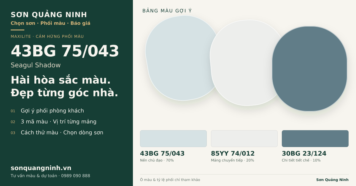 Maxilite 43BG 75/043 Seagul Shadow · Phòng khách · Bộ phối 43BG 75/043 + 85YY 74/012 + 30BG 23/124. Bảng màu gợi ý; ảnh chỉ tham khảo.