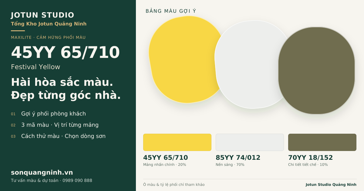 Maxilite 45YY 65/710 Festival Yellow · Phòng khách · Bộ phối 45YY 65/710 + 85YY 74/012 + 70YY 18/152. Bảng màu gợi ý; ảnh chỉ tham khảo.
