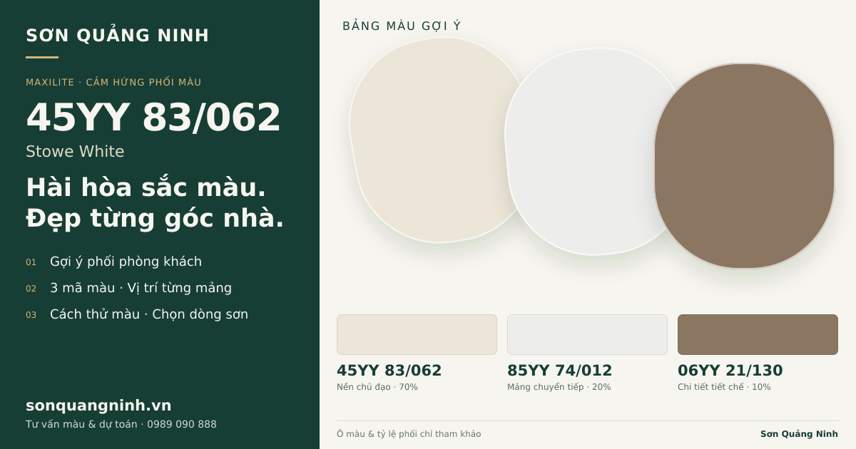Maxilite 45YY 83/062 Stowe White · Phòng khách · Bộ phối 45YY 83/062 + 85YY 74/012 + 06YY 21/130. Bảng màu gợi ý; ảnh chỉ tham khảo.