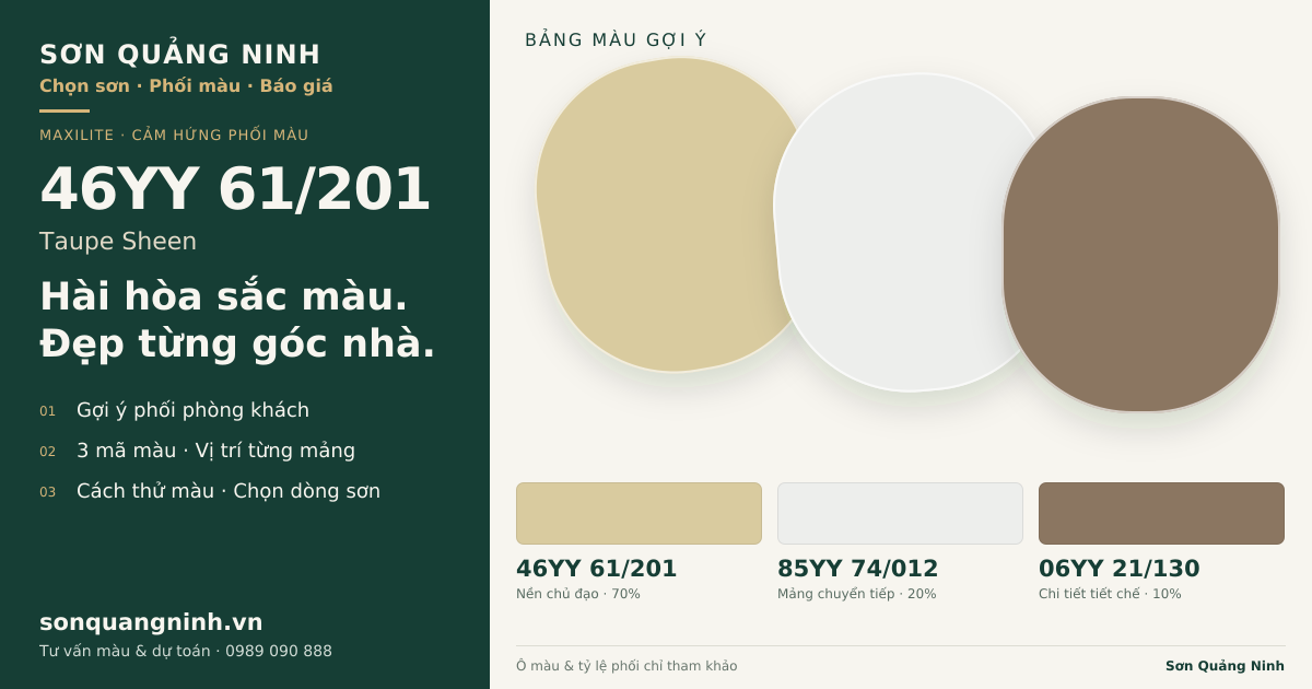Maxilite 46YY 61/201 Taupe Sheen · Phòng khách · Bộ phối 46YY 61/201 + 85YY 74/012 + 06YY 21/130. Bảng màu gợi ý; ảnh chỉ tham khảo.