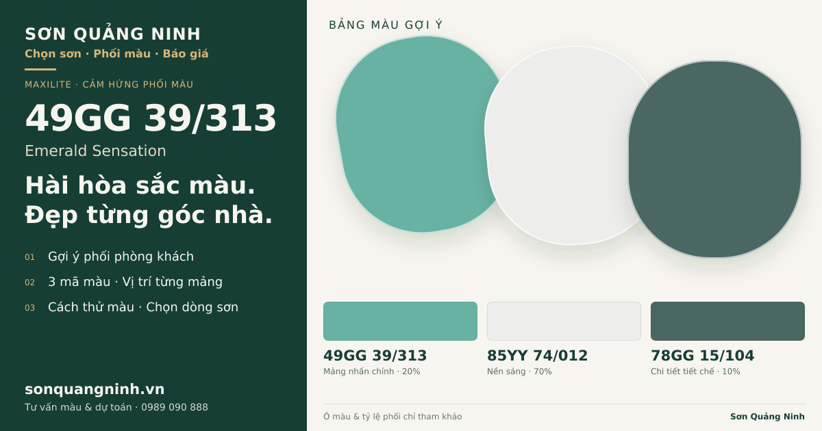 Maxilite 49GG 39/313 Emerald Sensation · Phòng khách · Bộ phối 49GG 39/313 + 85YY 74/012 + 78GG 15/104. Bảng màu gợi ý; ảnh chỉ tham khảo.