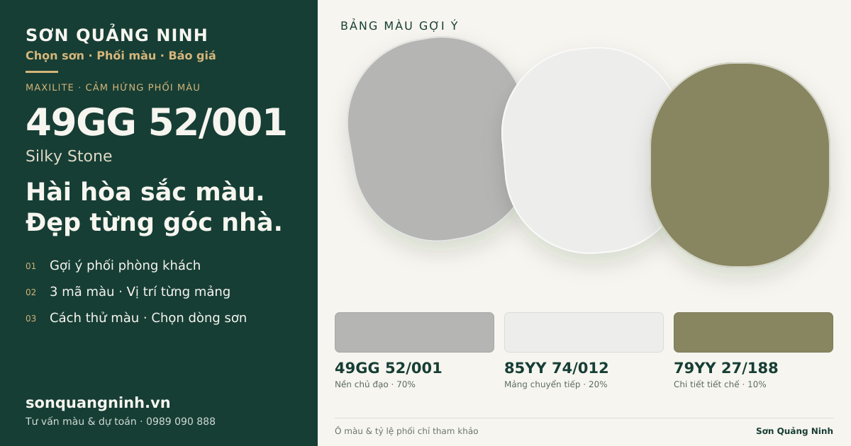 Maxilite 49GG 52/001 Silky Stone · Phòng khách · Bộ phối 49GG 52/001 + 85YY 74/012 + 79YY 27/188. Bảng màu gợi ý; ảnh chỉ tham khảo.