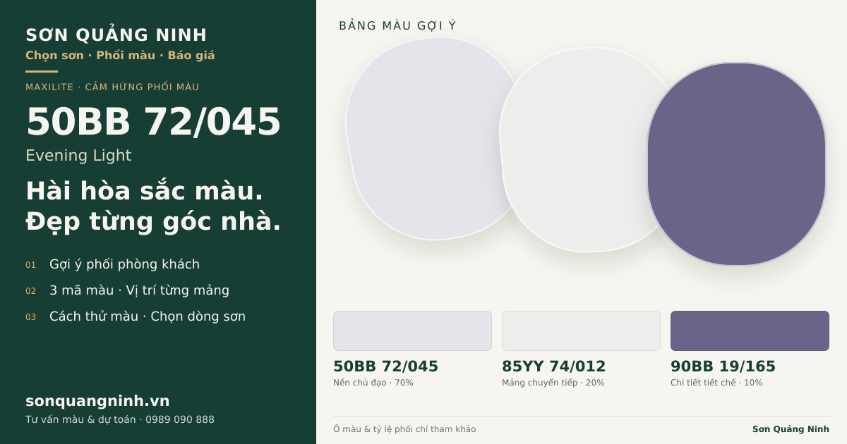 Maxilite 50BB 72/045 Evening Light · Phòng khách · Bộ phối 50BB 72/045 + 85YY 74/012 + 90BB 19/165. Bảng màu gợi ý; ảnh chỉ tham khảo.