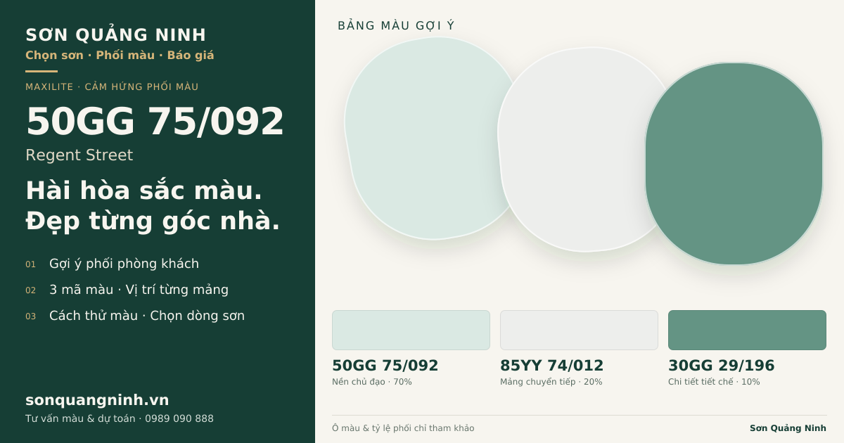 Maxilite 50GG 75/092 Regent Street · Phòng khách · Bộ phối 50GG 75/092 + 85YY 74/012 + 30GG 29/196. Bảng màu gợi ý; ảnh chỉ tham khảo.