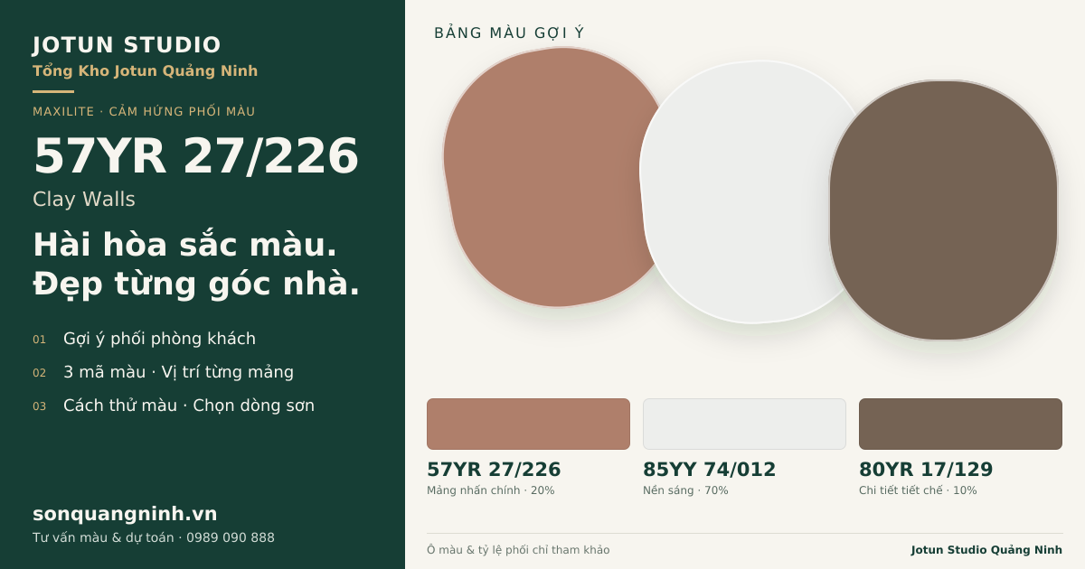 Maxilite 57YR 27/226 Clay Walls · Phòng khách · Bộ phối 57YR 27/226 + 85YY 74/012 + 80YR 17/129. Bảng màu gợi ý; ảnh chỉ tham khảo.