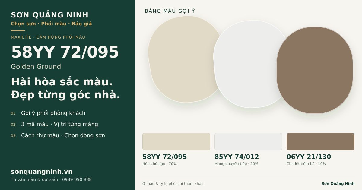 Maxilite 58YY 72/095 Golden Ground · Phòng khách · Bộ phối 58YY 72/095 + 85YY 74/012 + 06YY 21/130. Bảng màu gợi ý; ảnh chỉ tham khảo.