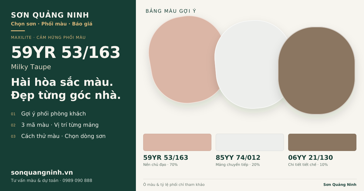 Maxilite 59YR 53/163 Milky Taupe · Phòng khách · Bộ phối 59YR 53/163 + 85YY 74/012 + 06YY 21/130. Bảng màu gợi ý; ảnh chỉ tham khảo.